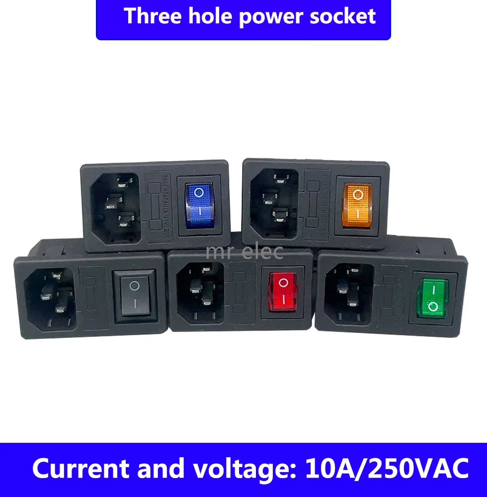 10A 250VAC 3 Pin iec320 C14 inlet connector plug power socket with red lamp rocker switch 10A fuse holder socket Power Switch