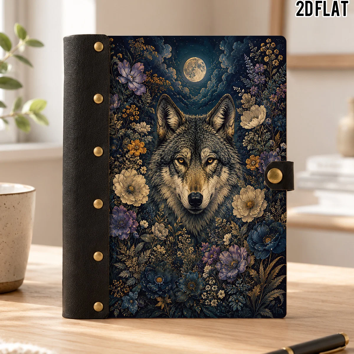 1PC 2D Flat Wooden Notebook, Midnight Moon Wolf Purple Wildflower Vintage Print, Hardcover Riveted Notebook, 100 Pages With Star