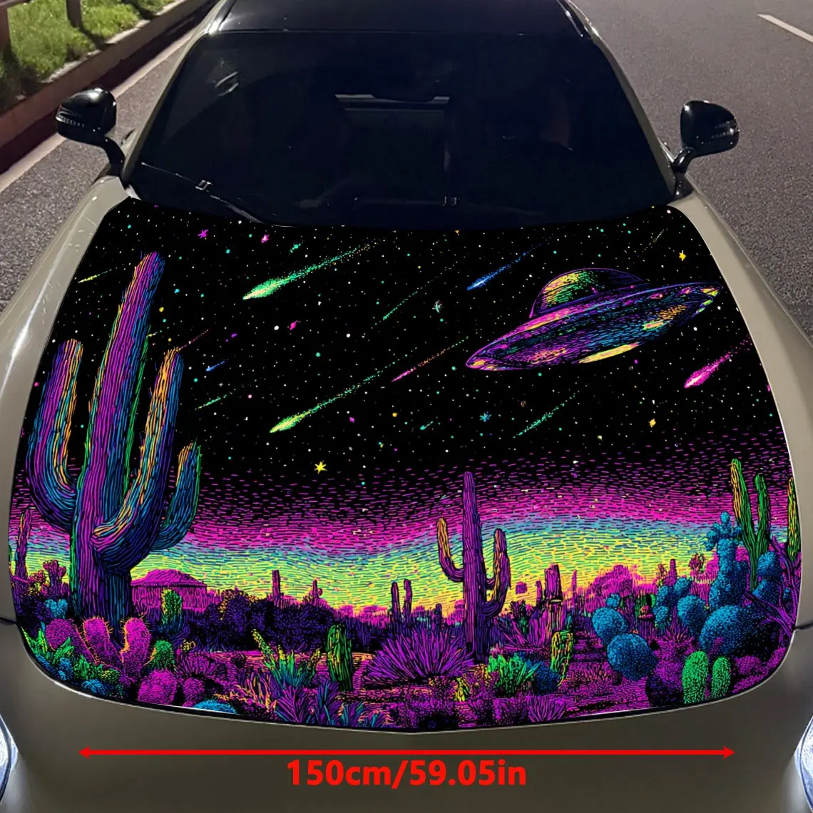 Fantasy-style UFO and cactus Car Hood Vinyl Stickers Car Surface Protection Decal Car Decoration Cover Vinyl Wraps Waterproof Se