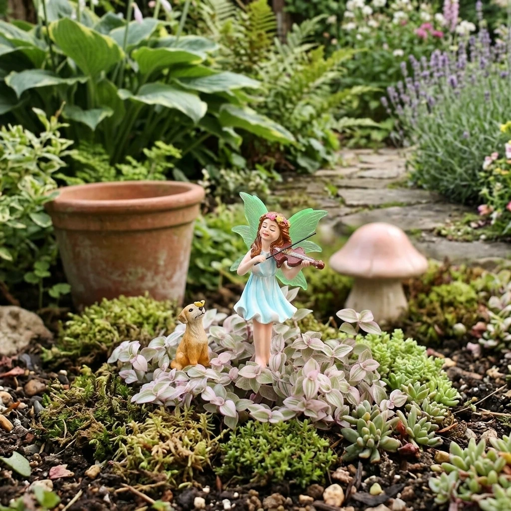 Resin Music Girl with Dog Statue for Outdoor Garden Balcony Decoration