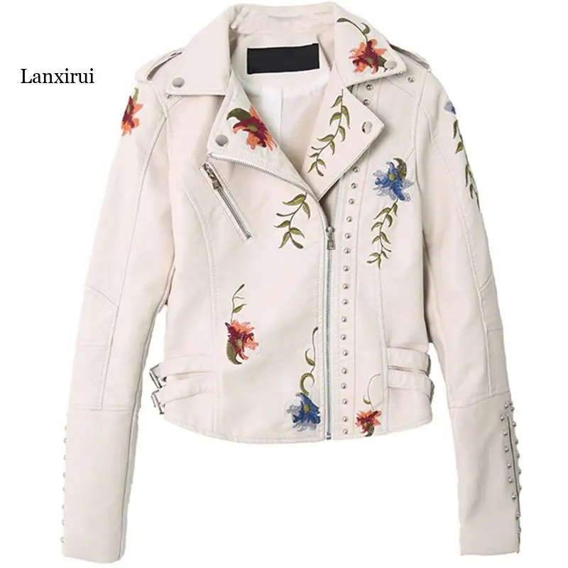 

Vintage Rivet Beaded Flower Embroidery Short Faux PU Leather Jacket Autumn Lapel Long Sleeve Motorcycle Biker Jacket Streetwear
