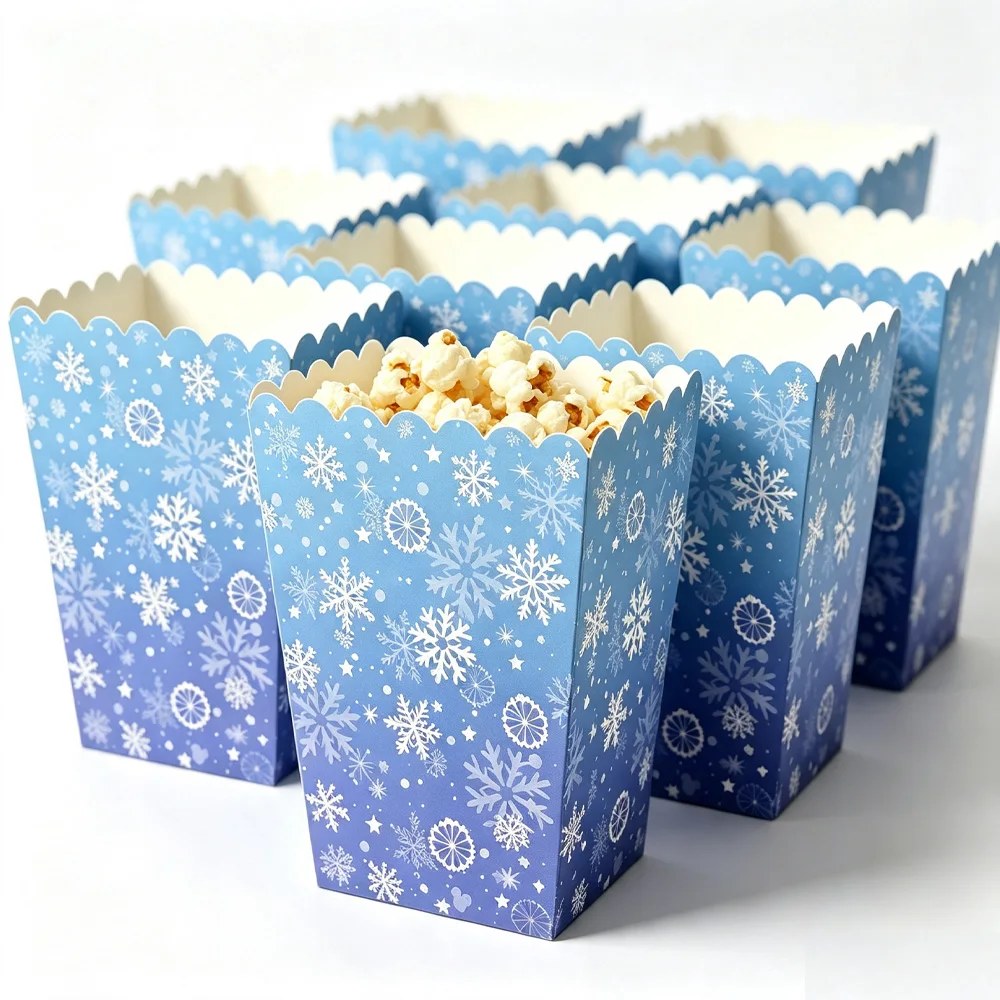 10-50pcs Snowflake Popcorn Boxes Paper Snack Box Candy Cookie Container Winter Frozen Theme Christmas Birthday Party Supplies