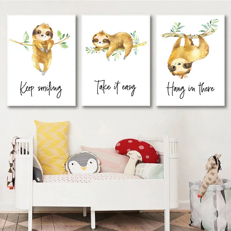 Cartoon Animal Cute Sloth Leaves Words Wall Art Pictures Canvas Painting Posters and Prints for Living Room Decoration Design