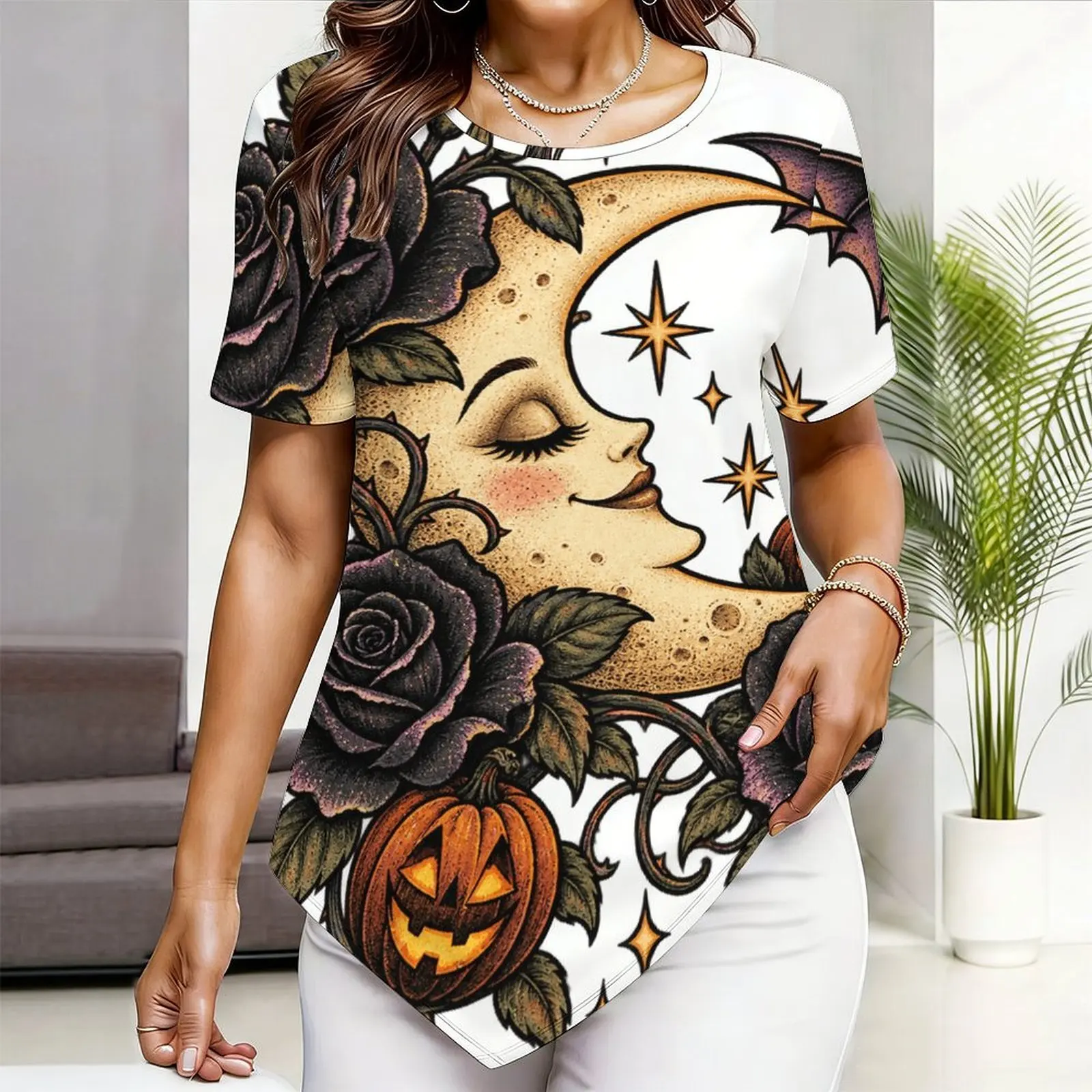 Round Neck Short Sleeve Pointed Hem Printed Top for Women