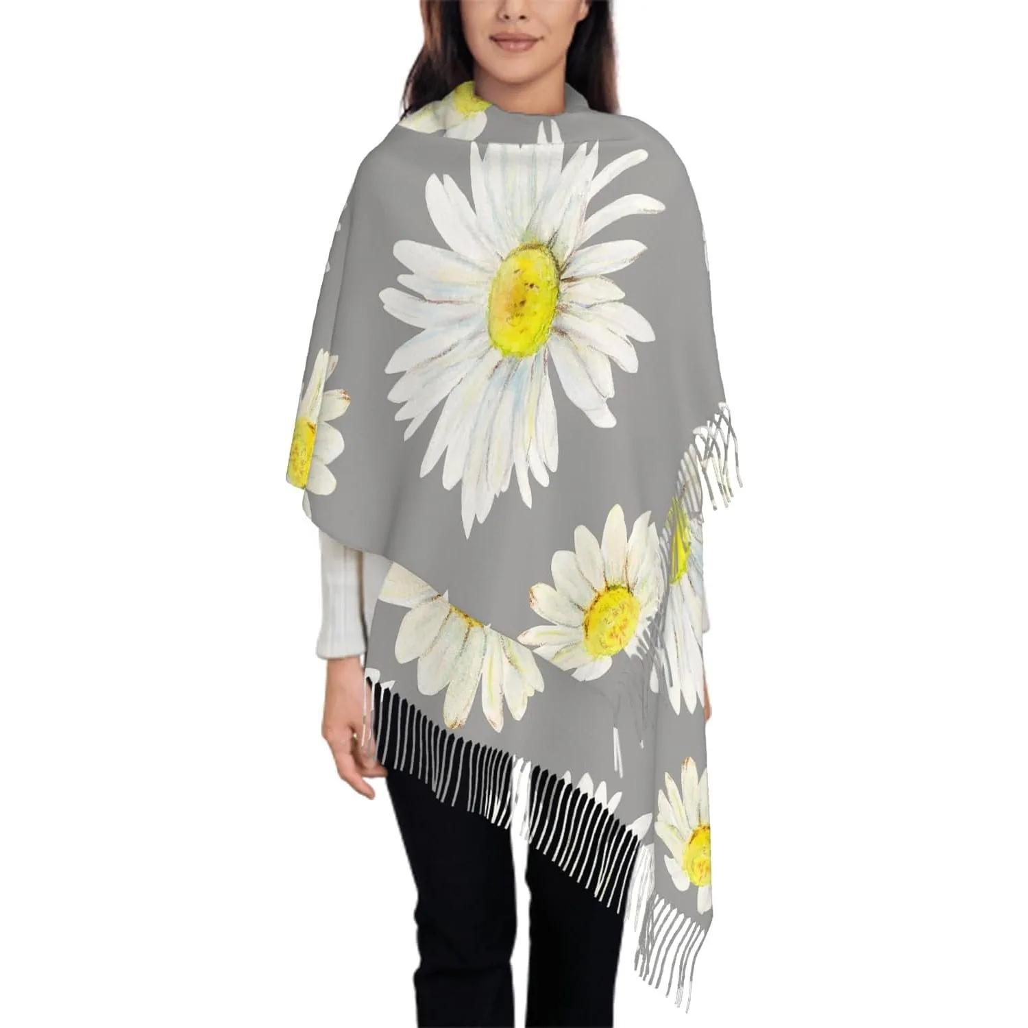 

Шарф большого размера для женщин, белый ромашка, цветочный акварельный цветок, серый шарф, шарфы с кисточками, осенне-зимняя шаль, накидки