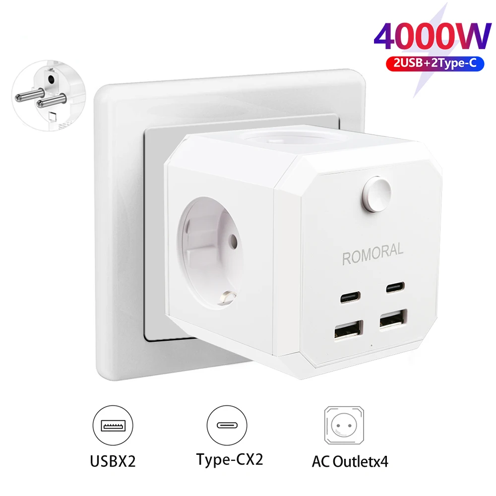 Romoral Wall Socket Extender 8-in-1 with 4 AC Outlets 4 USB Socket Intelligent Creative Plug Board Power For Home/Office