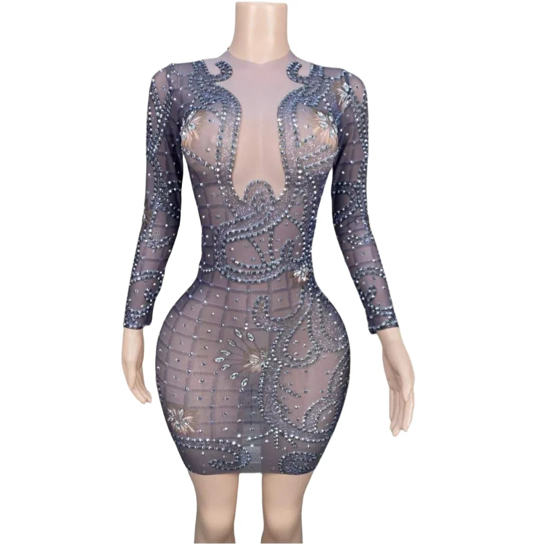 

Mesh Sheer Short Dress For Women Long Sleeve Rhinestone Birthday Queen Outfit Night Club Celebrate Glitter Stage Wear 2024