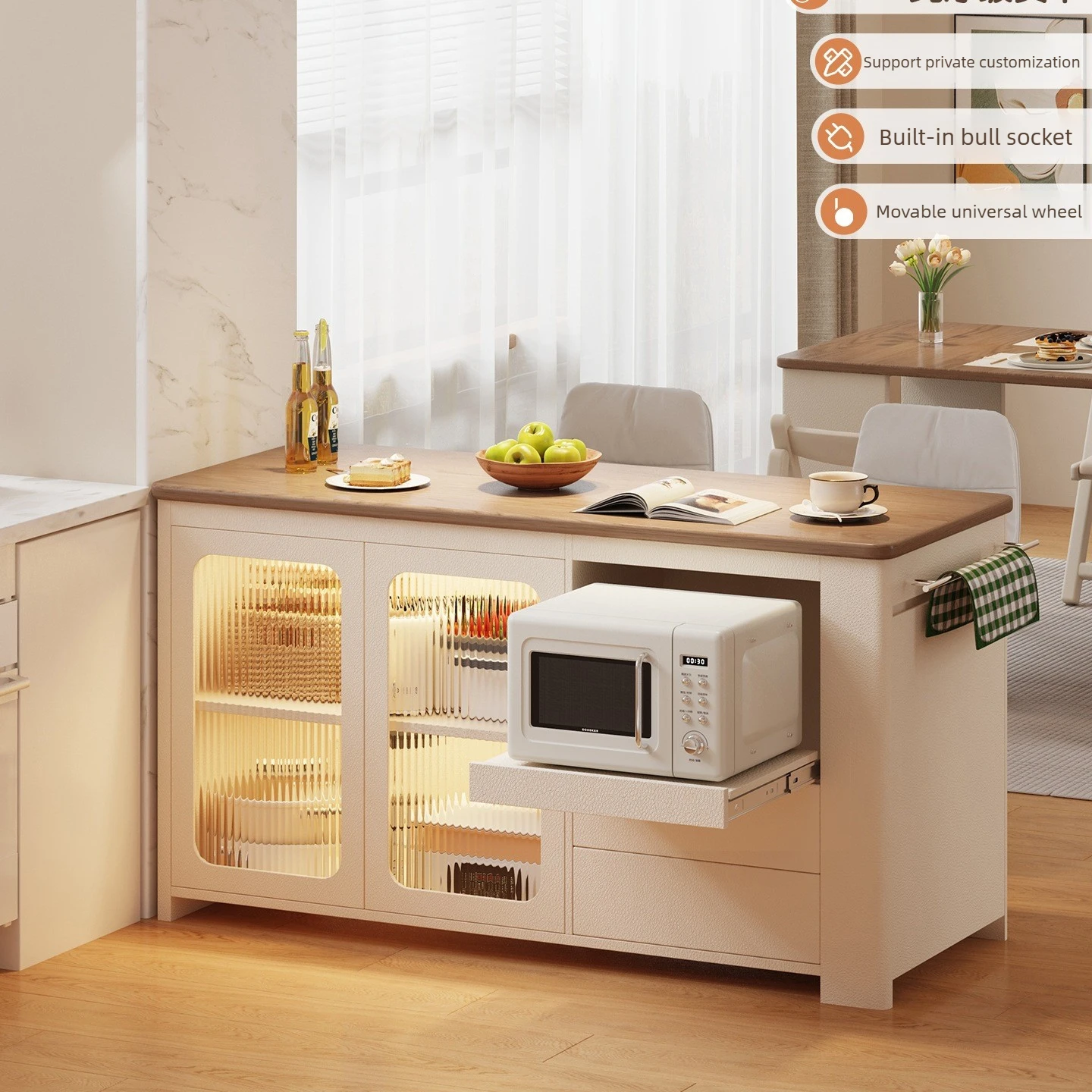 Solid Wood Kitchen Island Cabinet Freestanding Movable Preparation Table Inverted Storage Bar Dining Cart