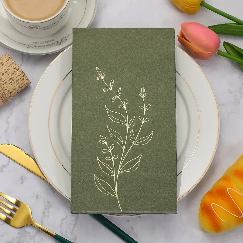 20pcs 33 * 40cm 2Layer Laurel Leaf Gold-stamped Long Napkins Rectangular Green Solid Color Paper Placemats DIY Decoupage Paper