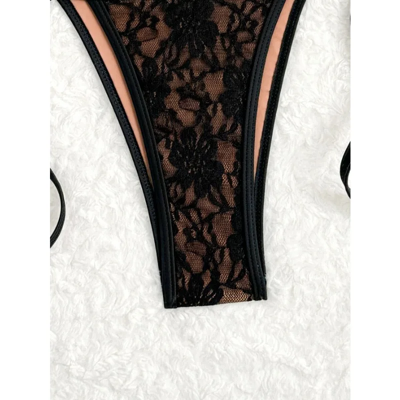 Preto renda string biquinis feminino maiô feminino banho de duas peças conjunto de biquíni cintura alta banhista natação senhora