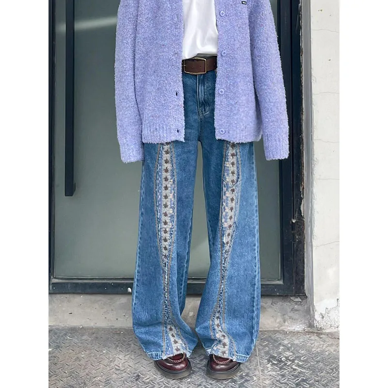 PBAP Fair Isle Crochet Pattern Wide Denim Pants Women Low Rise Patchwork Knitted Frayed Straight Baggy Jeans Y2k Vintage Clothes