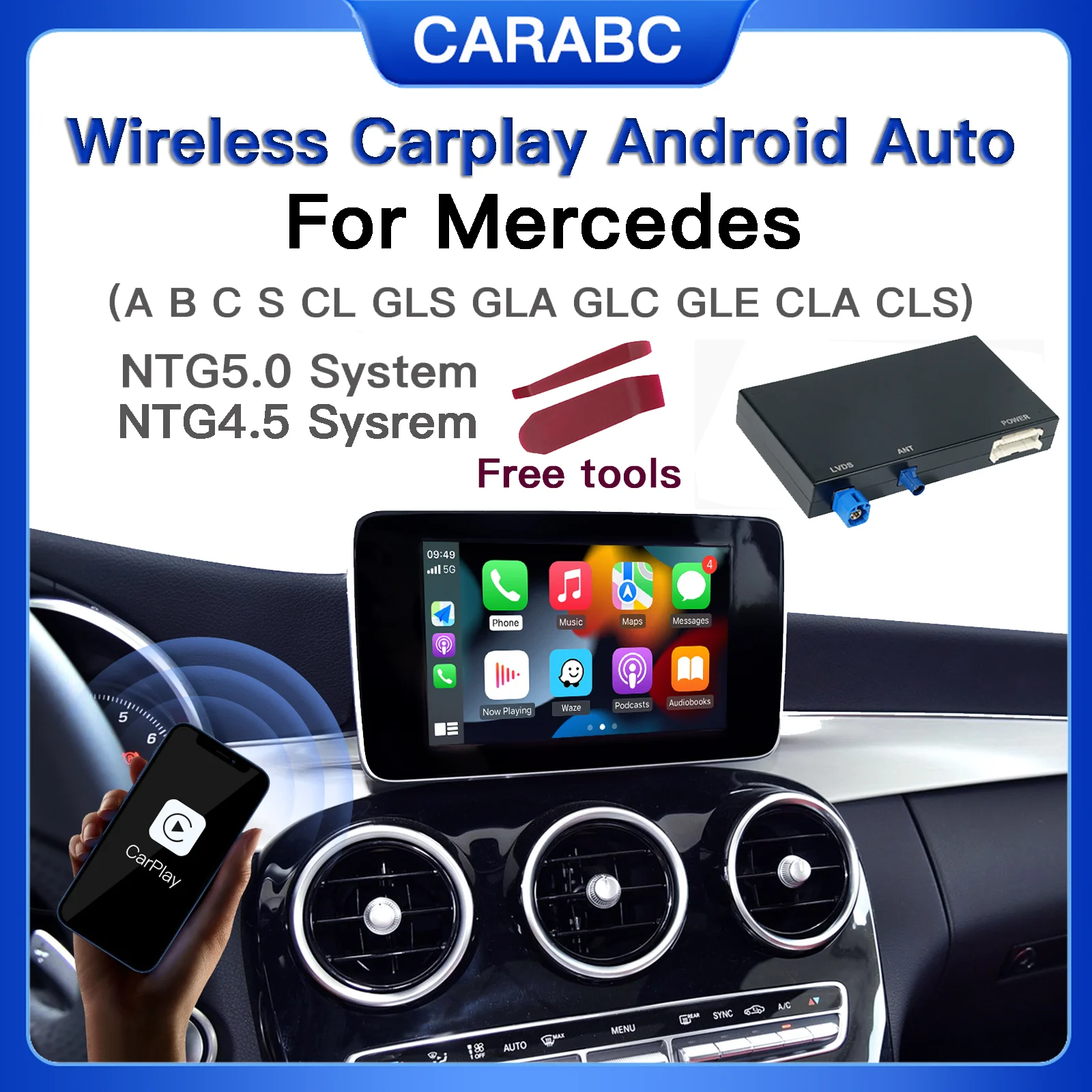 CARABC اللاسلكية Carplay أندرويد وحدة السيارات لمرسيدس NTG4.5 NTG5.0 W176 W205 ABC GLS GLA GLC CLA سيارة اللعب محول