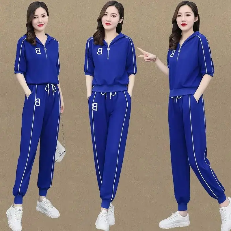 Women's Tracksuit 2025 Summer New Female Slim Leggings Pants Short Sleeves Top Casual Sets Of Two Fashion Pieces For Women Suit