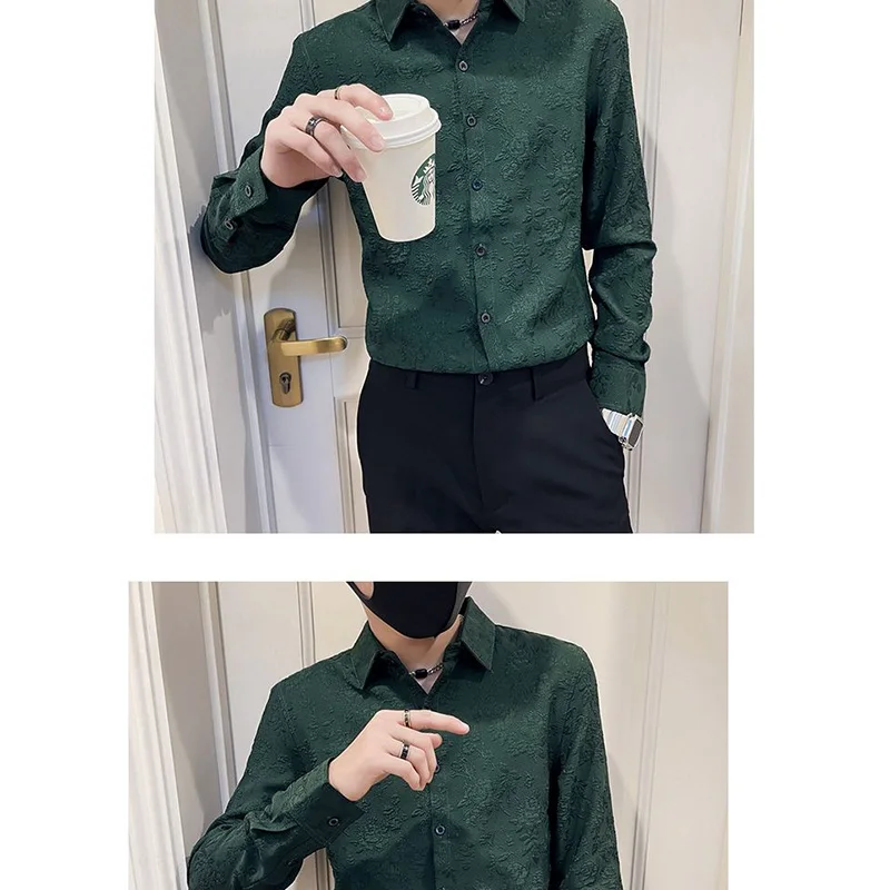 KPOP Fashion Style Harajuku Slim Fit Tops Loose All Match Casual Ropa Hombre Shirt Pointed Collar Button Jacquard Weave Blusa