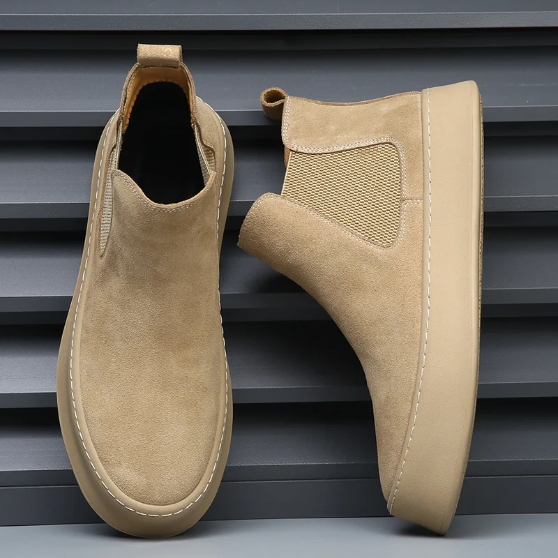 Suede Leather Men Chelsea Boots Fashion Comfortable Ankle Boots Leisure Walk Man High Top Shoes Versatile Business Walking Shoes