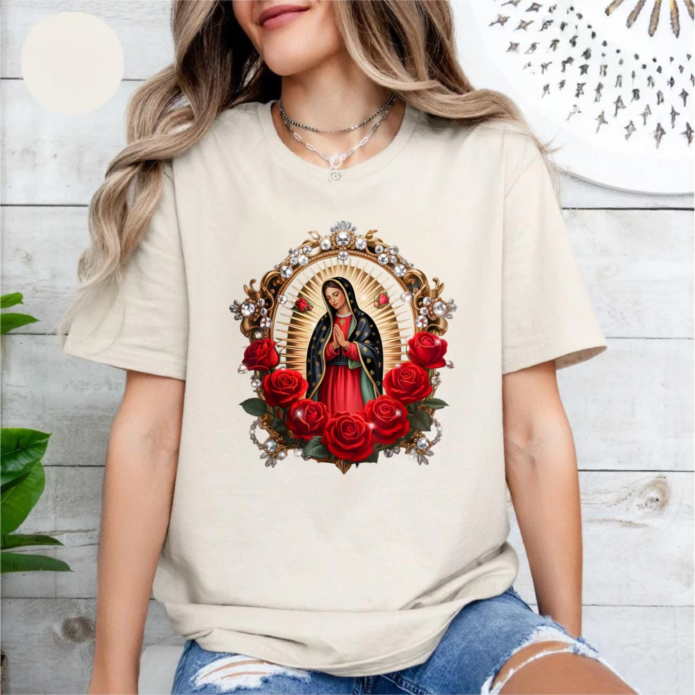 Guadalupe Virgin Mary Diamond Frame Red Rose Women T Shirt Catholic Saint Print Tee Summer Cotton Shirt Religious Prayer Tops