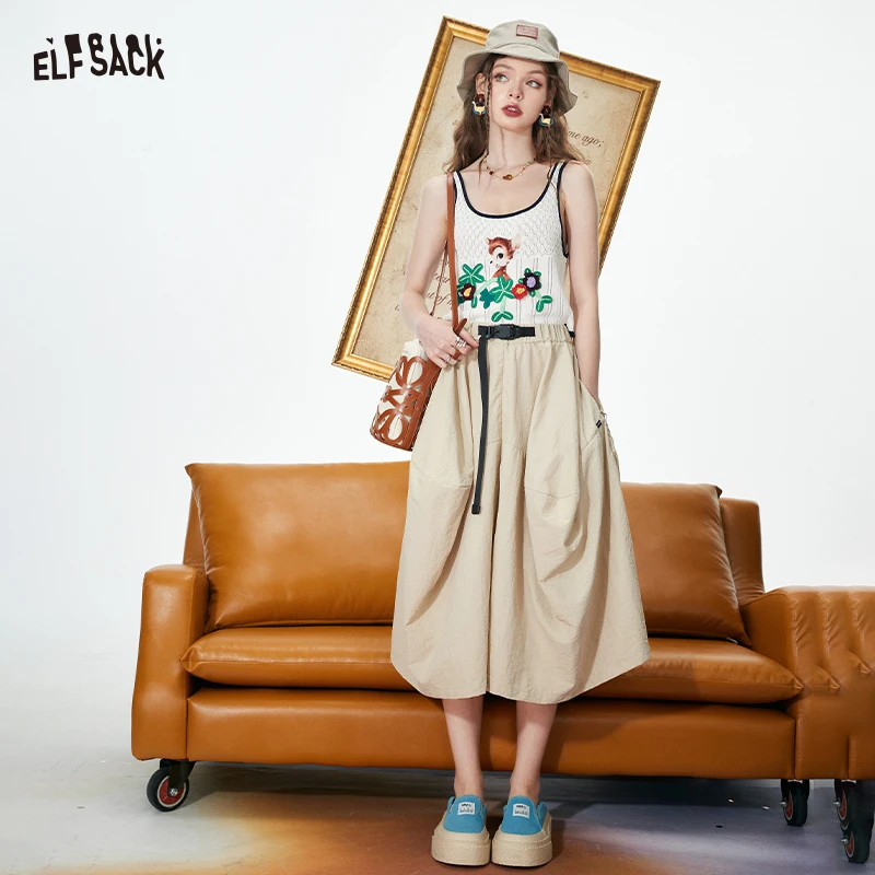 ELFSACK Elastic Waist Buckle Strap Large Pocket Wide Leg Cropped Pants for Women