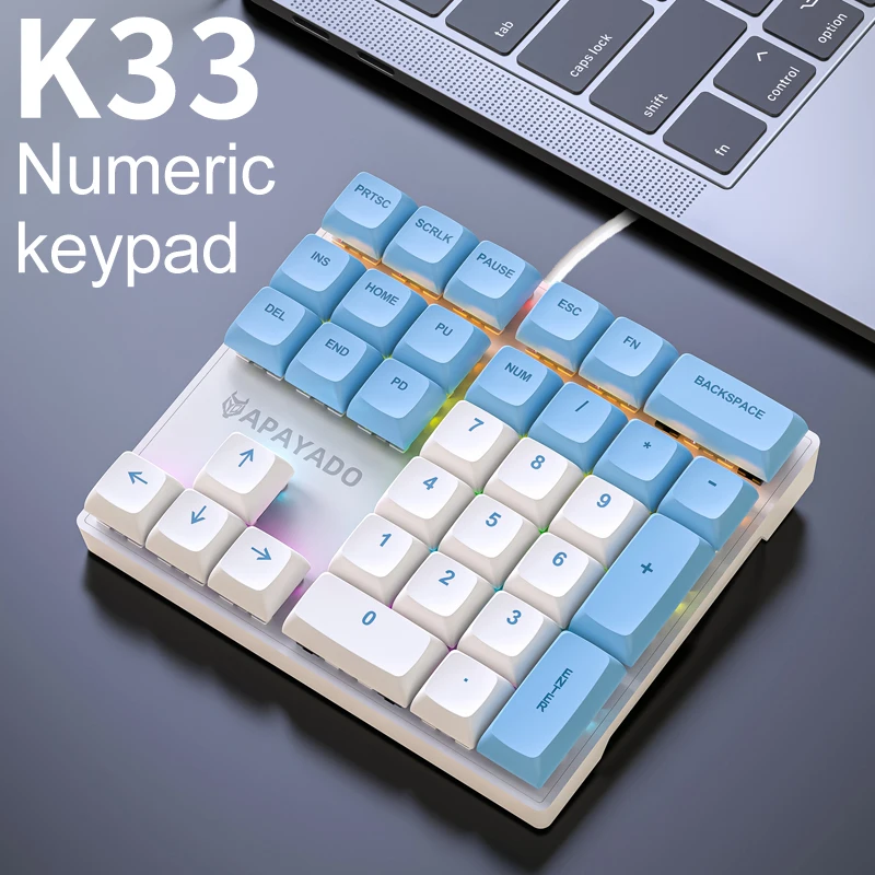 

APAYADO K33 Mini Keyboard,33-key Numeric Keypad Wired Connection,Blue/Red Mechanical Switch Design,RGB Soft Backlight
