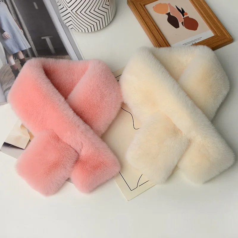 

Solid Color Autumn Winter Cold Resistant Women Neck Collar Scarf Plush Cross Scarf Faux Rabbit Fur Thickened Soft Scarves XWJ112