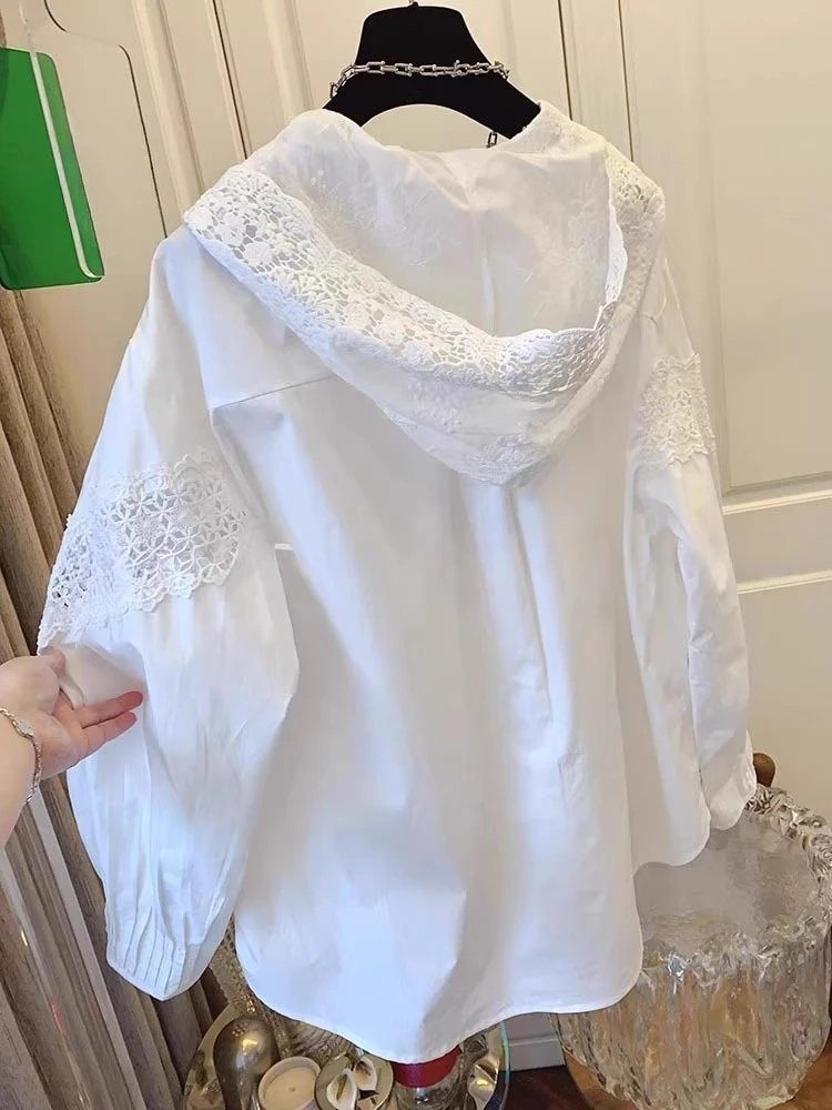 

2025 Autumn New Blouses Hooded Lace Patchwork Pleated Solid Color Shirts Casual Loose Tops Fashion Elegant Design Women Clothing