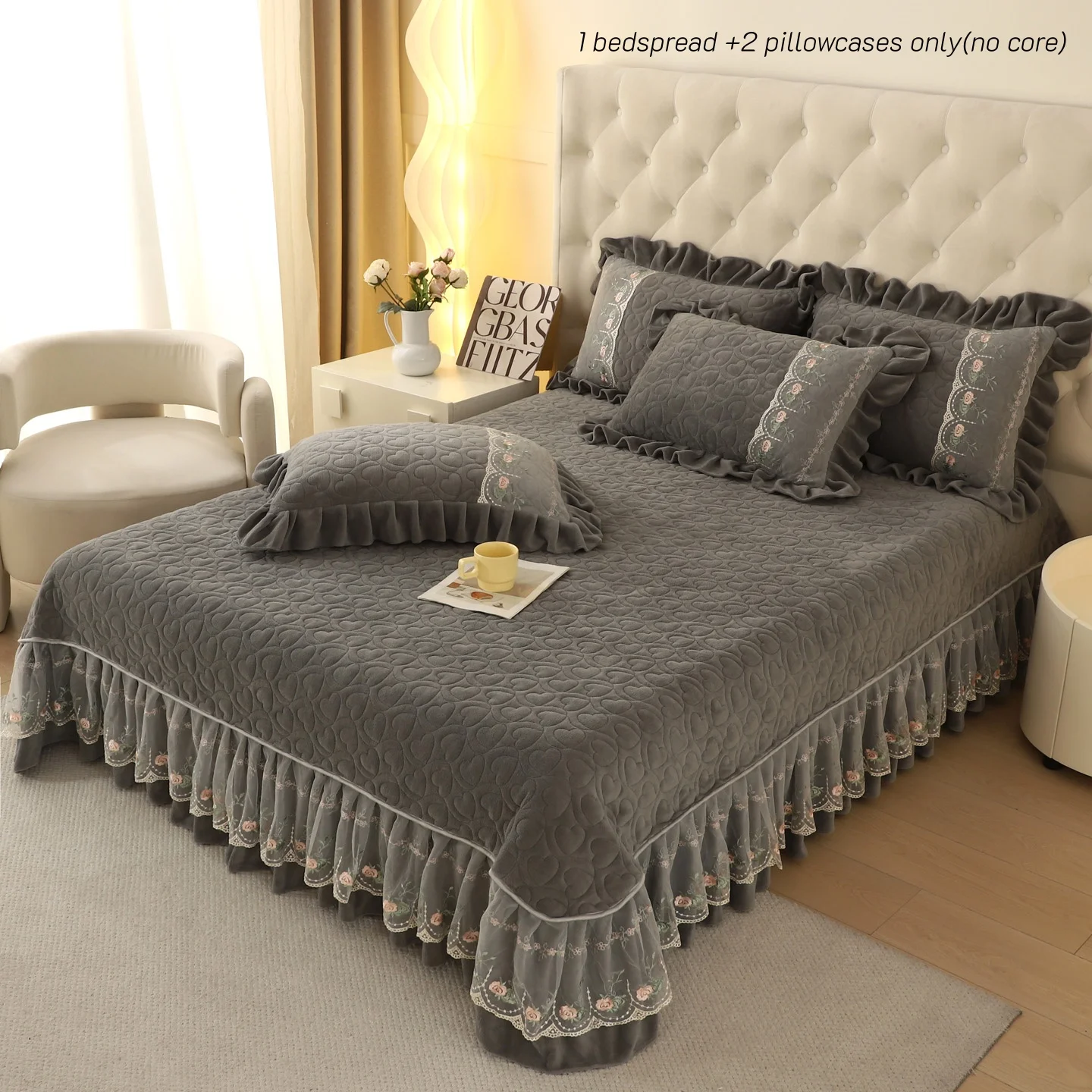 Floral Embossed White Lace Coverlet Bedspread with 2 Pcs Pillow shams Solid White Full/Queen/King Bed Cover 3Pieces Bedding set