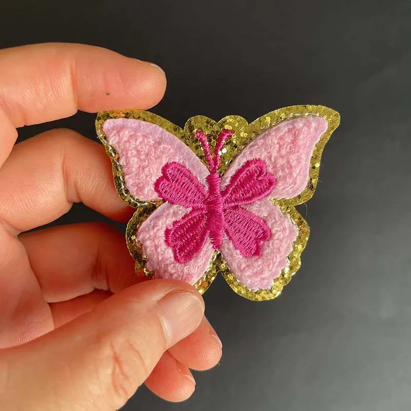Pink Chenille Patches with Golden Edged Flower,Butterfly,HOWDY Letter Badges Iron On Embroidered Patch Sew on Clothes Stickers