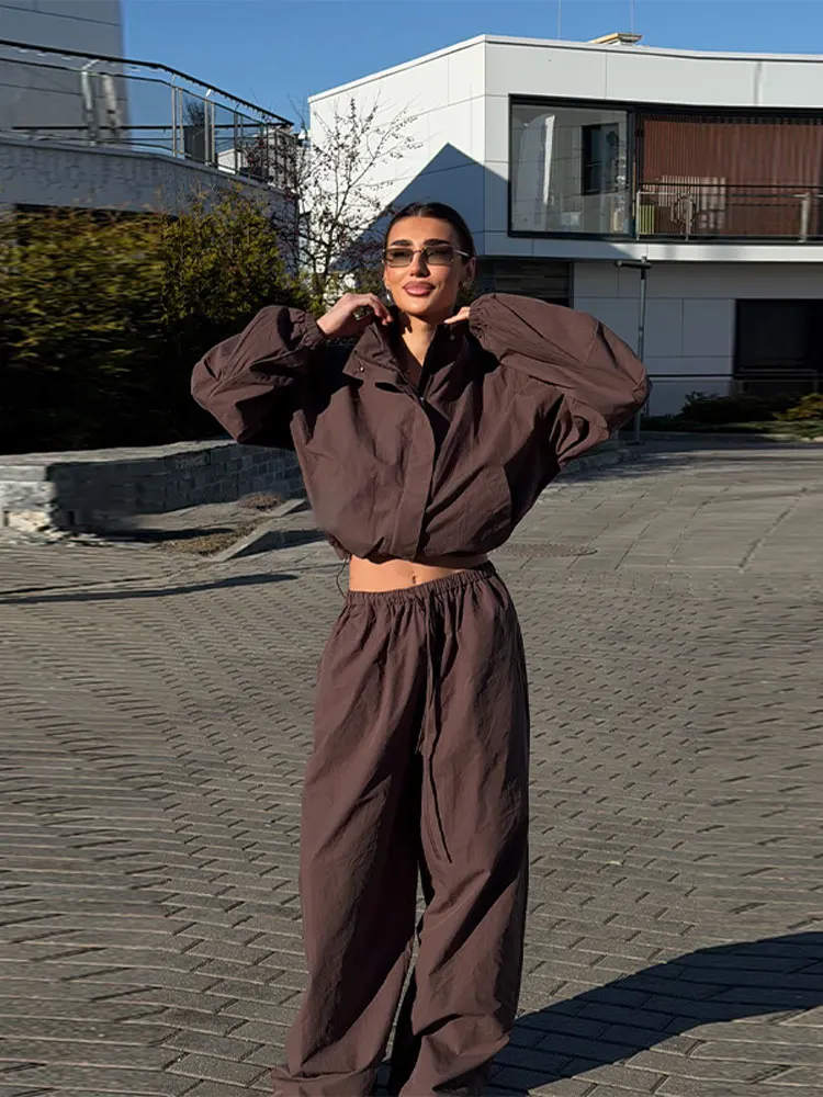 Casual Women's Set Lapel Long Sleeve Zipper Pockets Female Crop Coat And Solid Wide Leg Pant Chic Loose Streetwear Commute Suit