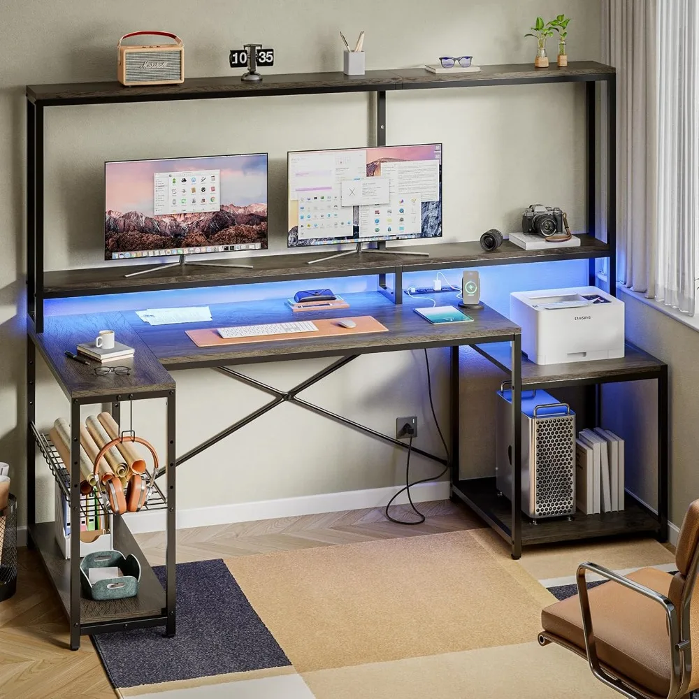 Gaming Desk with Long Monitor Stand and Hutch, Large L Shaped Corner Desks with Storage Shelf & Printer Stand Headset Hooks