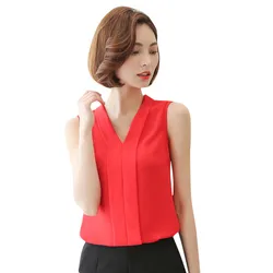 Chiffon Blouses Women Summer Sleeveless Tank Top V-Neck White Shirt Female Elegant Solid Color Office Lady Chic Blouse