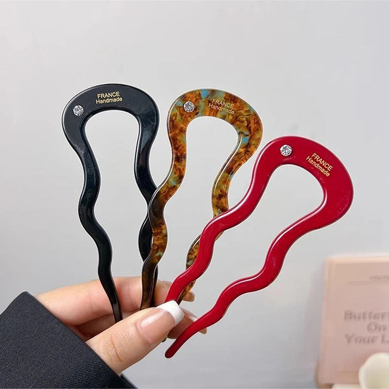 French Twist Hair Stick Hair Clip Acetate Wavy U-Shaped Hairpin Vintage Tortoise Shell Women Hair Bun Pin Headwear Accessories