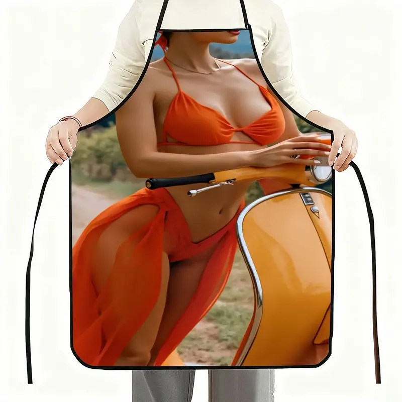 1 delantal negro con un vibrante estampado de mujer en bikini. | Top blanco, top y falda de bikini naranja, scooter amarillo brillante, verde para exteriores