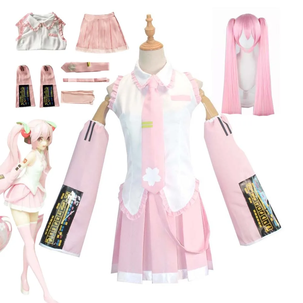 

Женский костюм для косплея Anmie Miku, полный комплект из парика и юбки розового цвета в стиле преппи для Хэллоуина