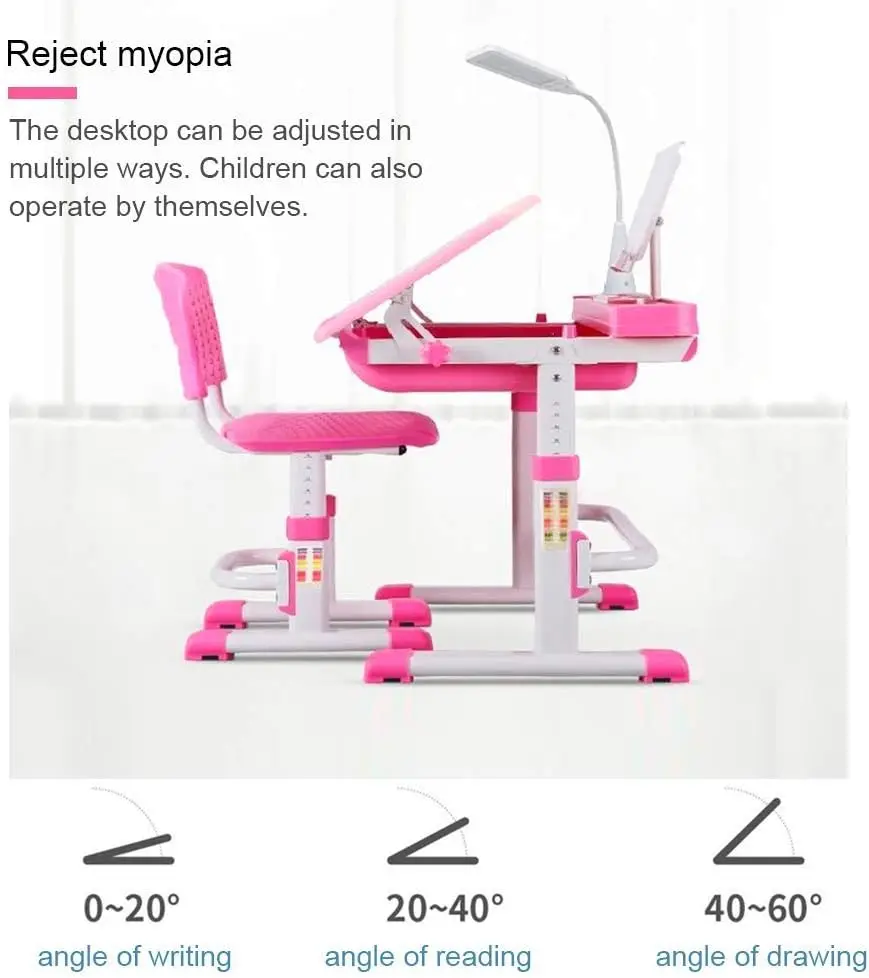 مجموعة مكتب وكرسي عملي للأطفال، مكتب دراسة مدرسي مريح قابل للتعديل للأطفال مع سطح مكتب مائل، حامل كتب