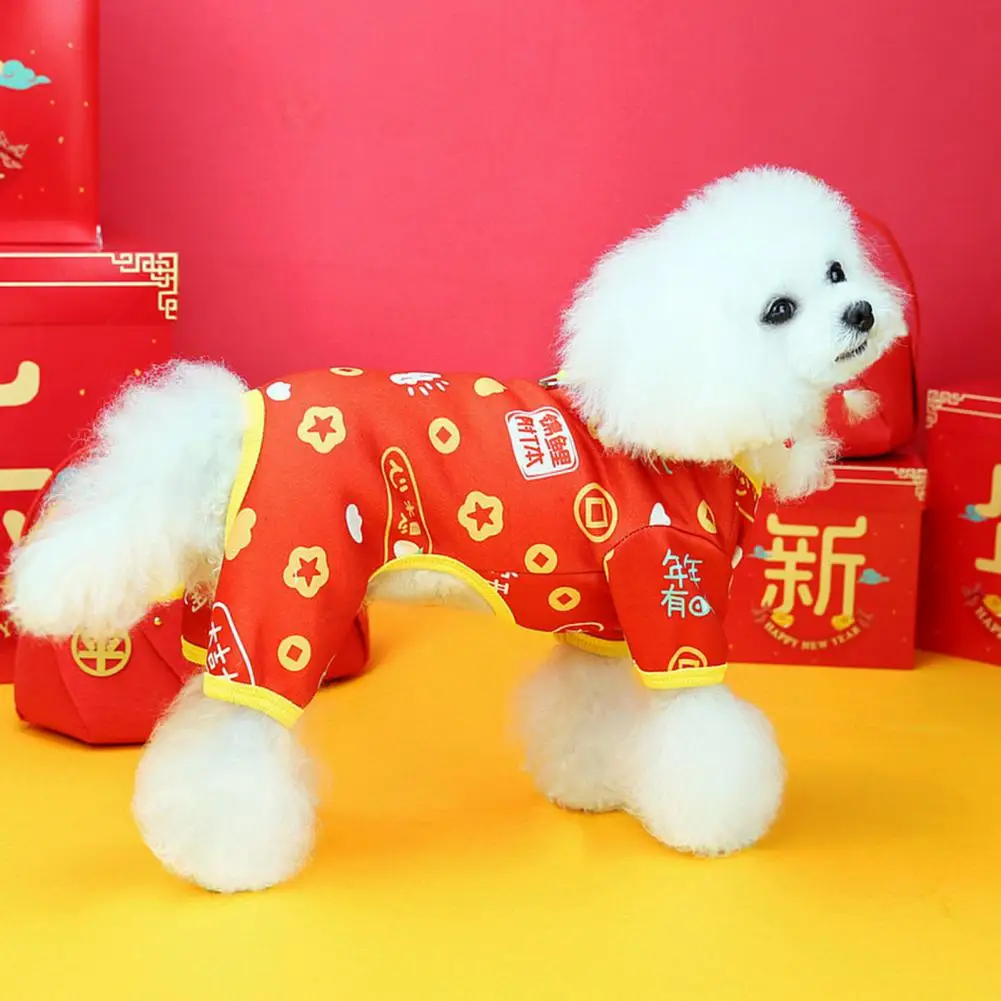 Dog Jumpsuits Chinese New Year Cartoon Pattern Dog Costume Four Legs Round Neck Puppy Apparel Pet Outfits For Festive Decor