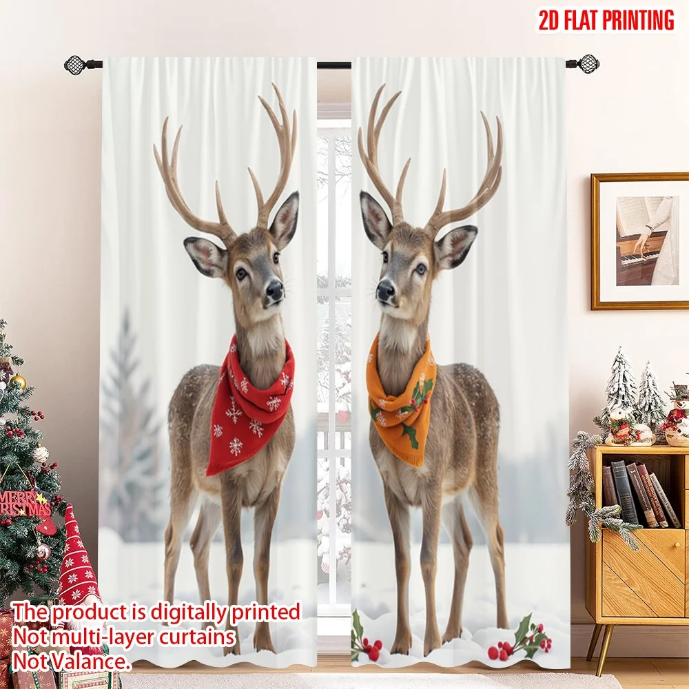 

2pcs 2D flat printing Merry Christmas Popular Party Window Curtains Deer Christmas Winter Snow 100% Polyester Without