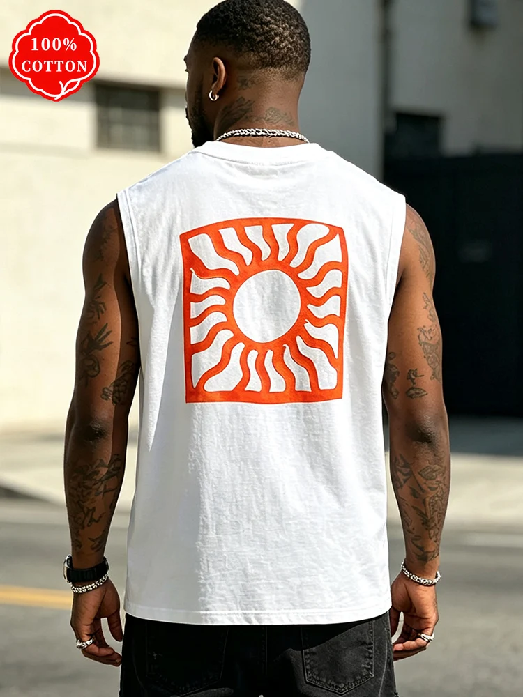 Men 100% Cotton Sleeveless Tank Top Loose Crew Neck Muscle Vest Casual Streetwear Mens Summer Sleeveless Tee-T91