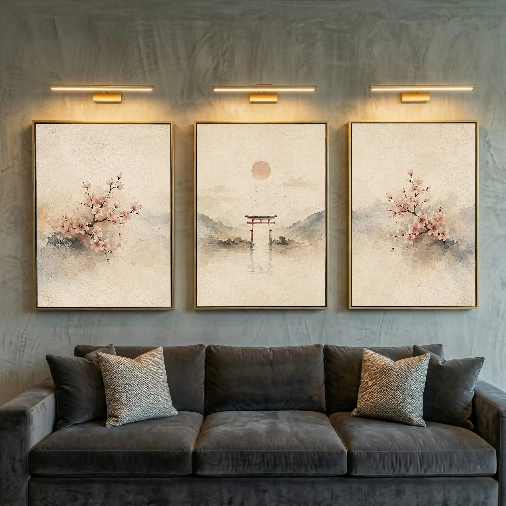 3Pcs Japandi Wabi Sabi Wall Art,Soft Watercolor Cherry Blossom Torii Gate Mountain Canvas Prints,Muted Oriental Landscape Poster