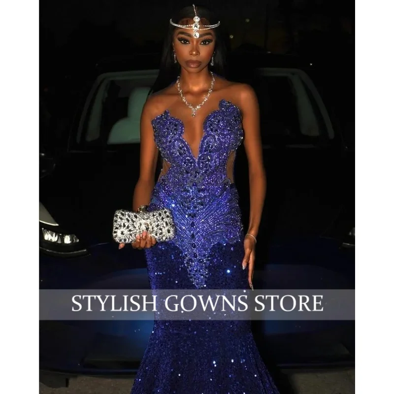 Luxe schat blauwe diamant galajurk sprankelende kralen set pailletten zwarte meisjes beroemdheidsjurk avondjurken op maat