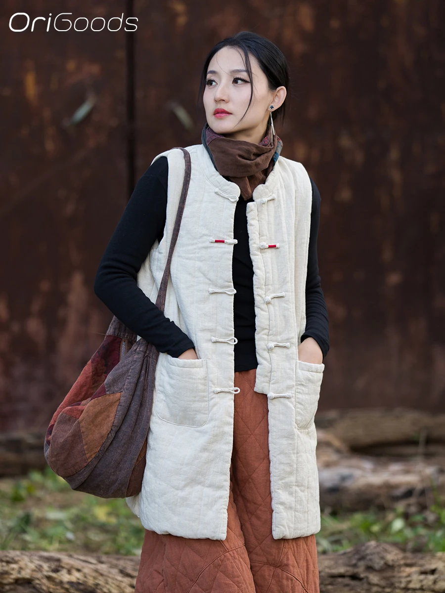 

OriGoods стеганый жилет, длинный женский стеганый зимний жилет из рами, хлопковая стеганая зимняя жилетка, одежда в китайском стиле, винтажный теплый жилет, пальто, новинка 2025, B360