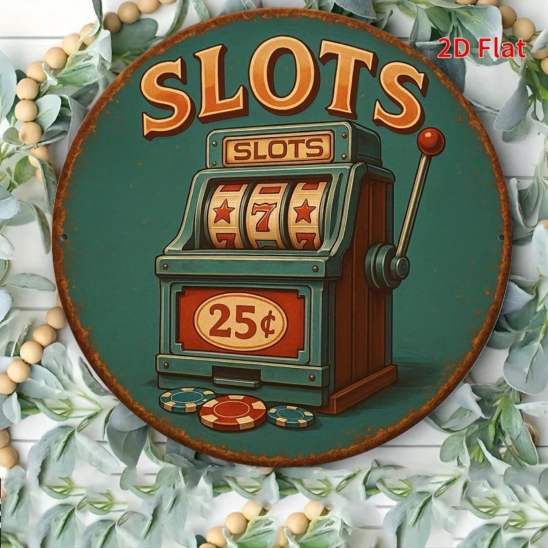 2D Flaches, 1-teiliges Vintage „SLOTS“ Aluminiumschild – Retro Spielautomaten-Kunst Wanddeko mit 25-Cent-Münzdisplay, Rot-Grünes Design, Perfekt