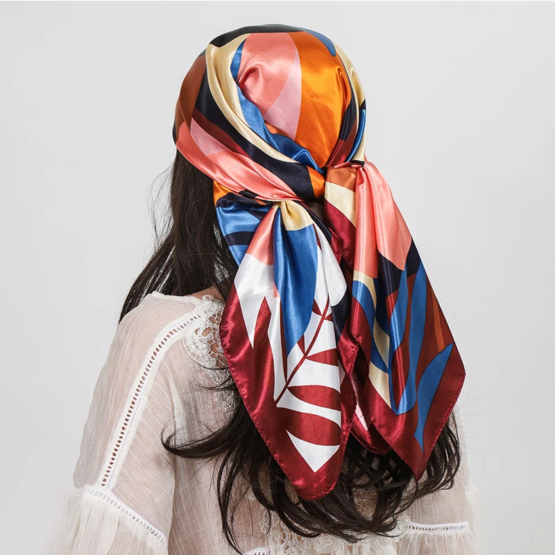 90*90cm Elegant Print Silk Scarf Satin Square Scarf Women Hijab Neckerchief Shawl Wraps Headband Hair Accessories Bandana