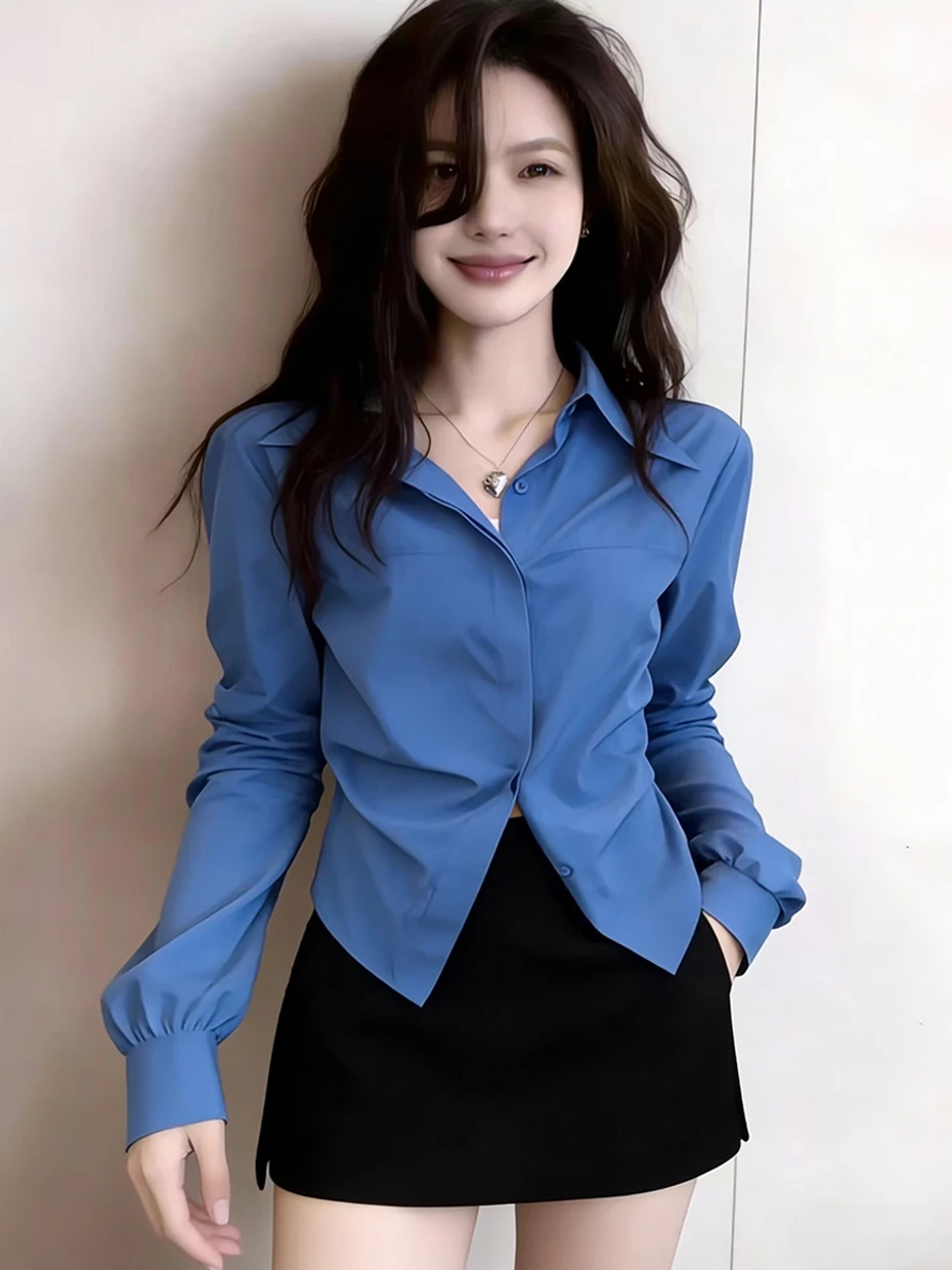 

Женская рубашка с длинным рукавом цвета синий Кляйн, приталенная, с зауженной талией, на пуговицах, в корейском стиле, для весны и осени, базовый слой для многослойных образов