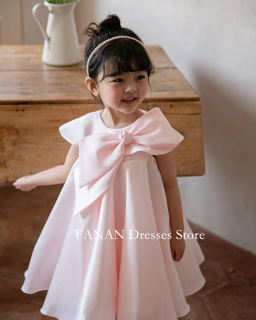 

FANAN Flower Girl Dresses Pink Bow Elegant Princess Korea Satin O-Neck Ball Gown For Kids Birthday Party First Communion Dress