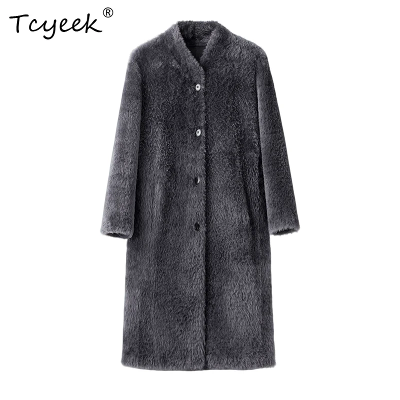 

Tcyeek осень-зима импортный меховой интегрированный воротник-стойка темно-серый средней длины женская шерстяная шуба Fourrures Femme
