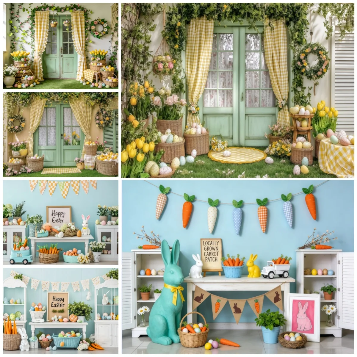 

Easter Cottage Backgrounds For Photographs Gingham Curtain Bunny Carrot Egg Decor For Easter Party Family Kids Photo Backdrop