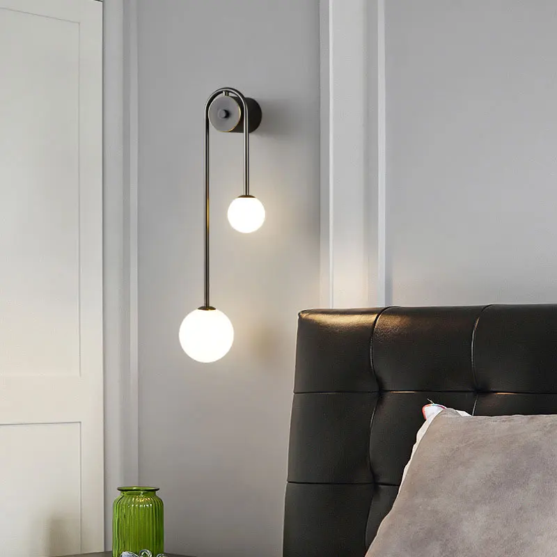 Modern Real Copper Led Wall Lamp Nordic Bedroom Living Room Bedside Mirror Wall Light Sconce Fixture Home Decor Black Glass Ball