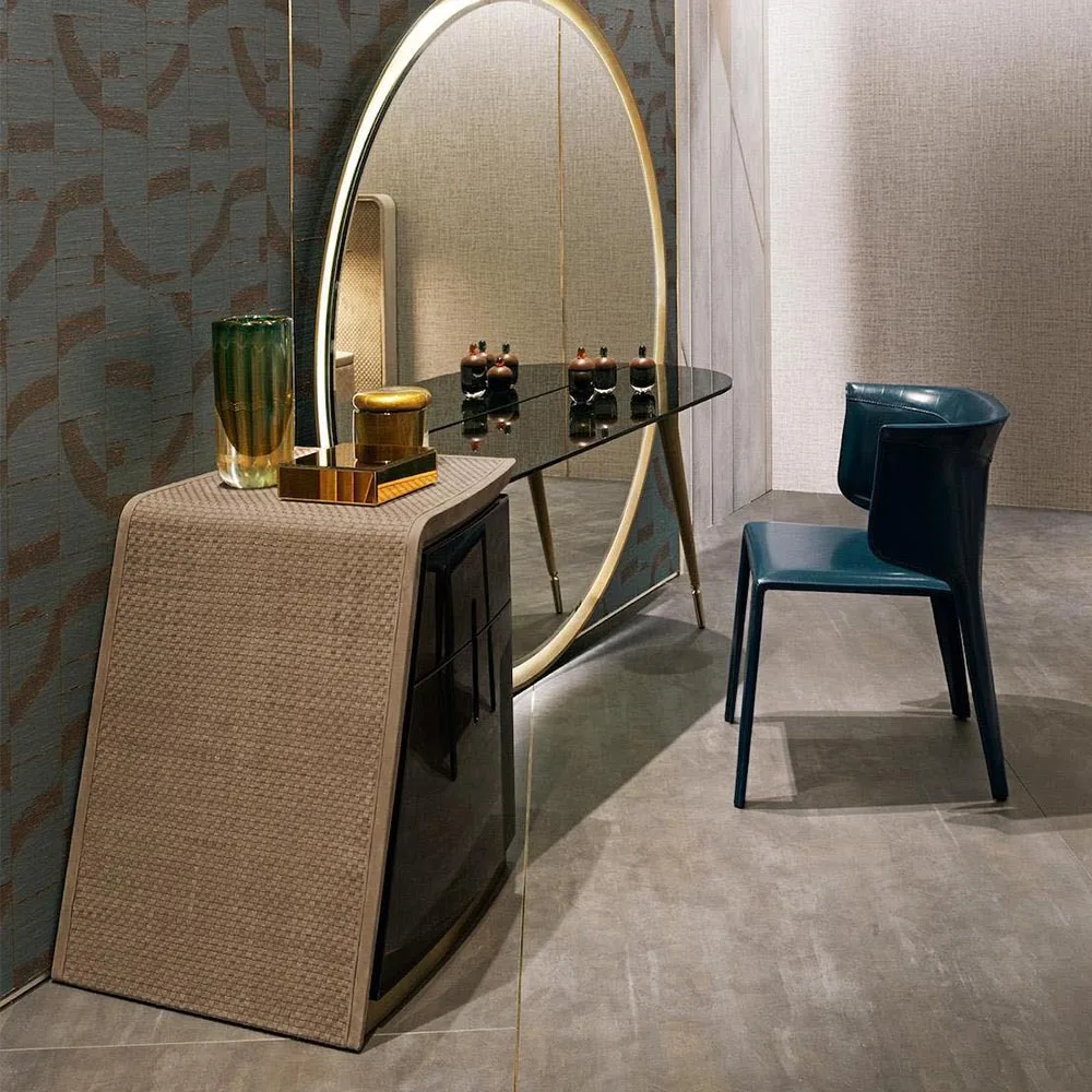 

Designer Italian light luxury large round mirror dresser with lamp bedroom high-end atmosphere full-body mirror makeup table