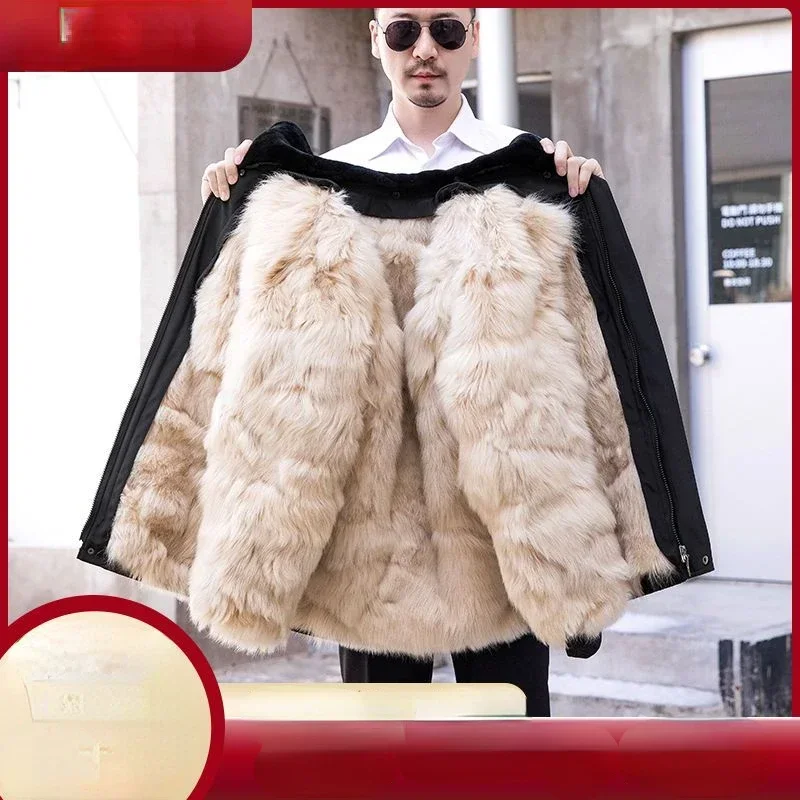 100% Wool Winter Men Fur Coat Fur One Liner Warm Thickened Sheepskin Cotton Coat Long Hair Coat Fur Collar Hooded