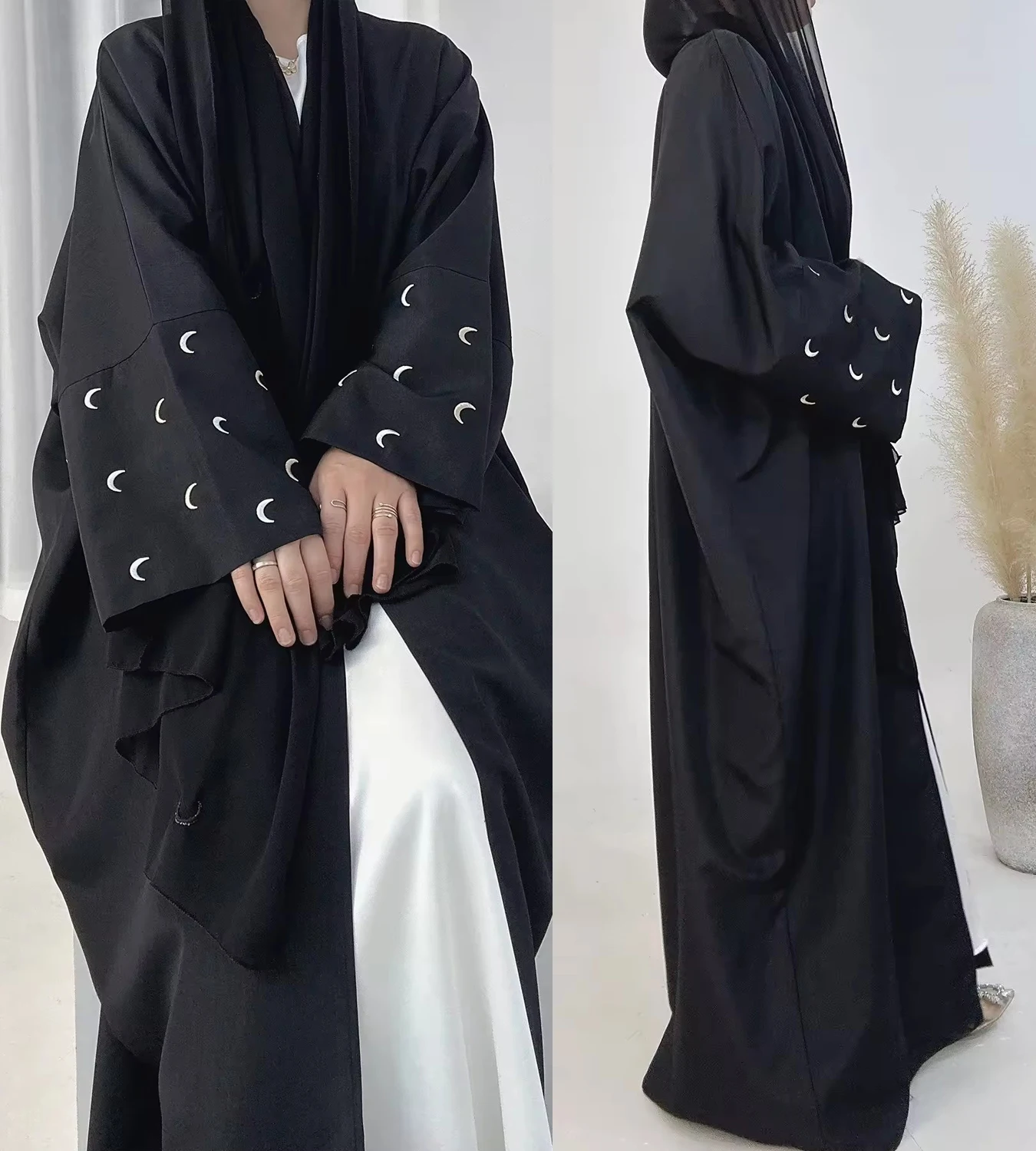 Muslim Abayas For Women Arab Ramandan Eid Moon Embroidery Open Modest Abaya Dubai  Kaftan Dresses Islamic Clothing 2024 New