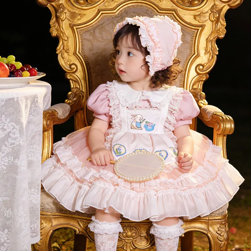 ins Sweet Style Girl Pink Puff Sleeve Skirt Summer Short Sleeve Princess Wedding Dress Flower Girls Birthday Lolita Dress